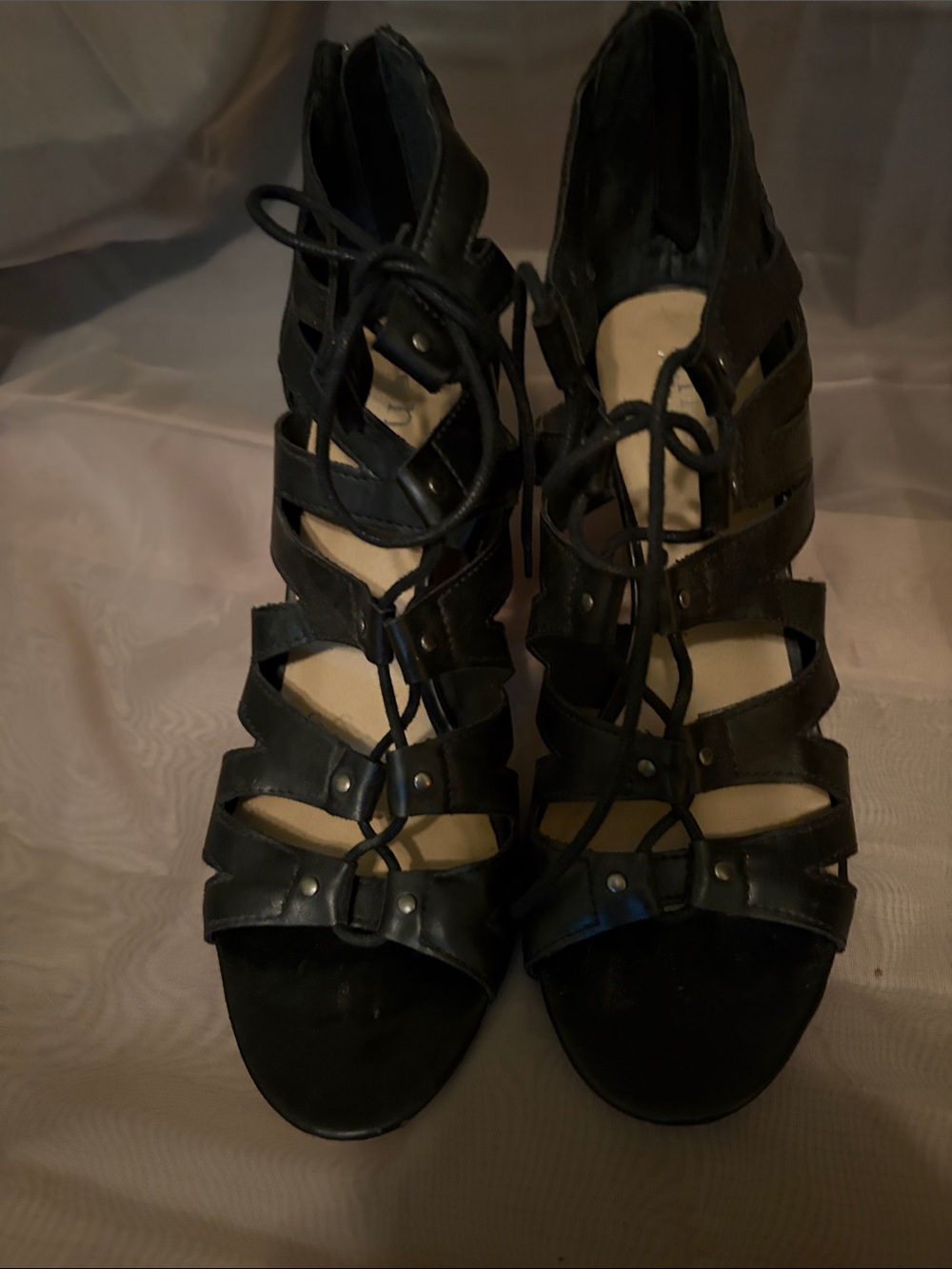 Lace-Up Strappy Heeled Sandals - Black
